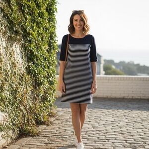 Gap Breton Stripe Cotton Boatneck Shift Dress | Nautical Pink Contrast Zip XL